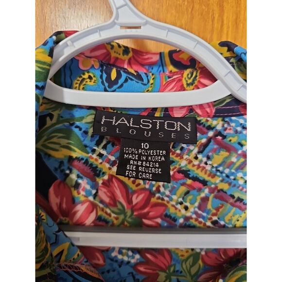 Halston Blouse Blue Floral Print Button Front Shirt Women's Size 10 Polyester - Picture 3 of 4